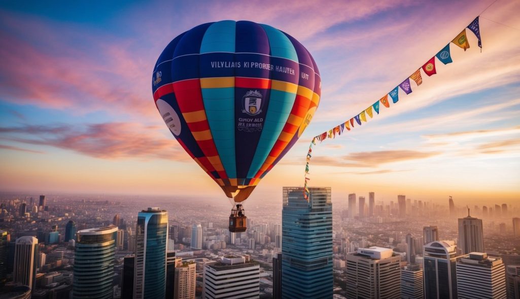 A colorful hot air balloon floats above a bustling city, with a banner trailing behind it. The balloon is adorned with eye-catching designs and logos