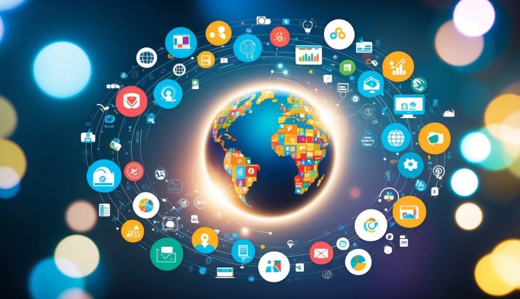 A colorful palette of digital tools and symbols swirl around a glowing globe, representing the interconnected world of creative content marketing