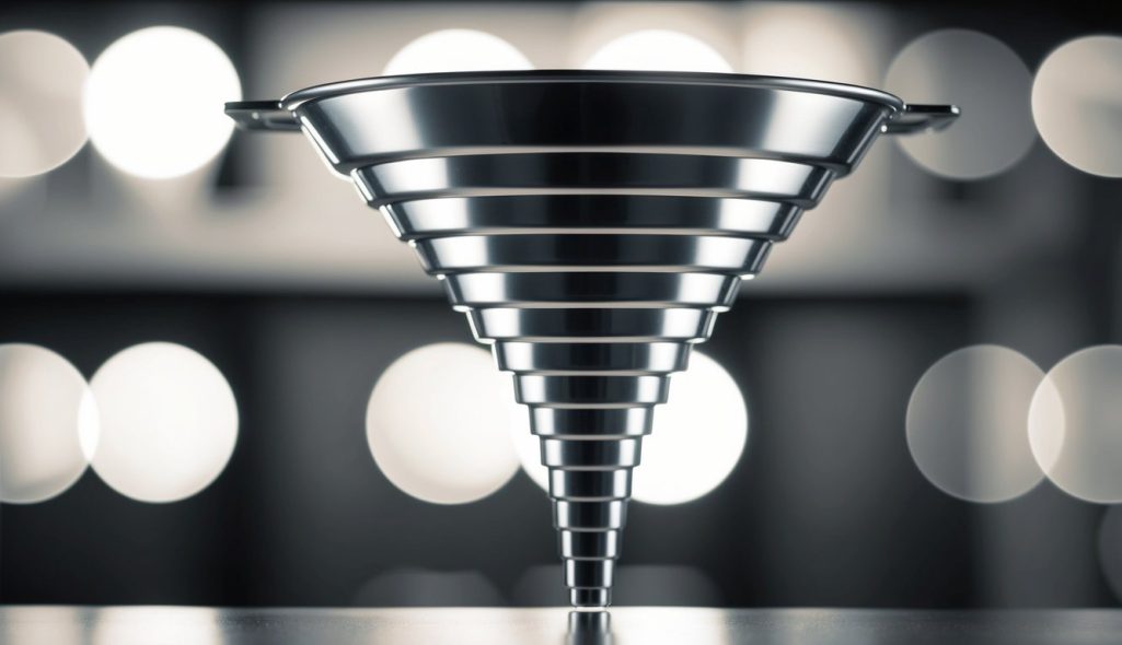 A funnel with multiple stages narrowing down, starting wide at the top and gradually tapering towards the bottom
