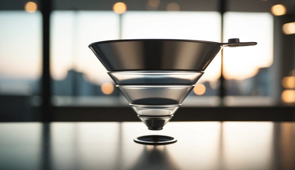 A funnel with multiple stages, starting wide at the top and narrowing down at the bottom, representing the digital marketing process