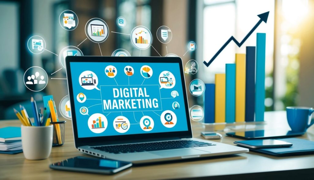 A laptop surrounded by various digital marketing tools and icons, with a graph showing growth and success in the background