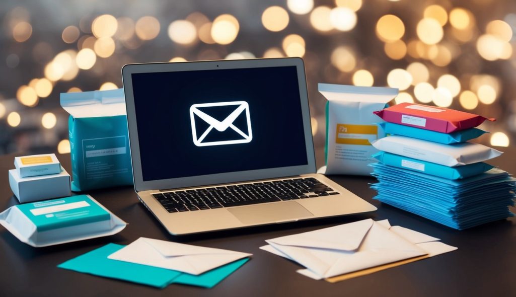 A laptop surrounded by various product packages and a stack of envelopes, with a glowing email icon on the screen