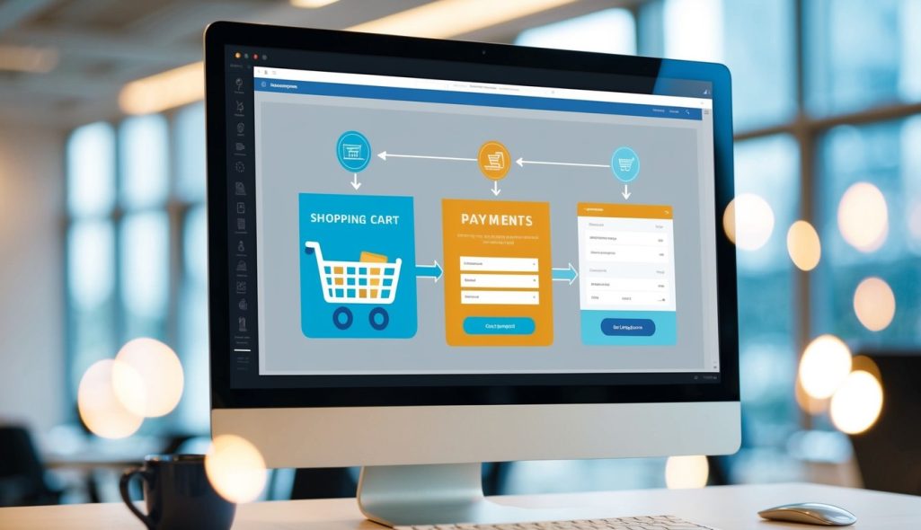 A computer screen showing a step-by-step ecommerce funnel process, with a shopping cart, payment options, and confirmation page