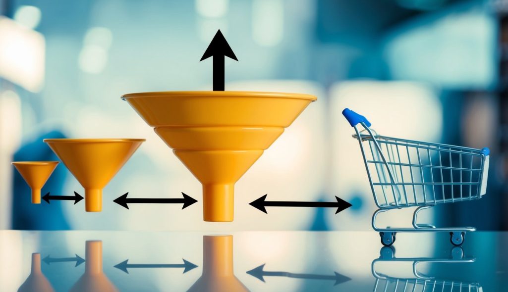 A series of interconnected funnels leading to a digital shopping cart, with arrows indicating the flow of potential customers through the sales process