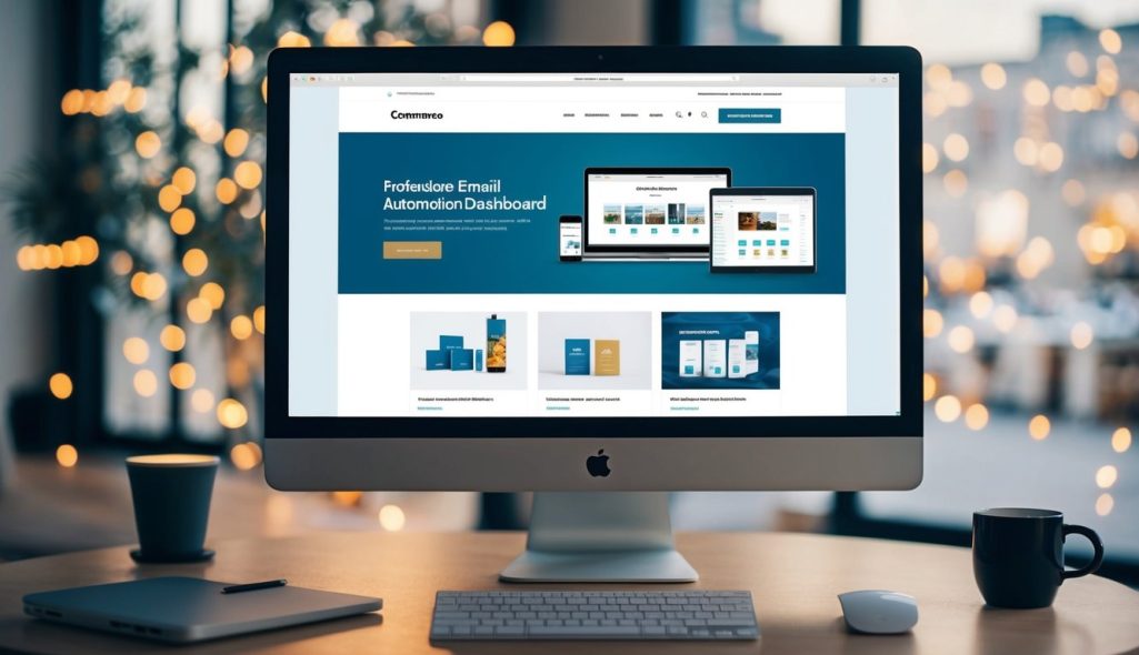 A computer screen displaying an e-commerce website with an email automation dashboard and product images