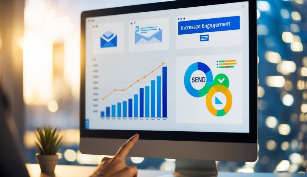 A computer screen displaying an email inbox with various messages, a graph showing increased engagement, and a hand clicking on a "send" button