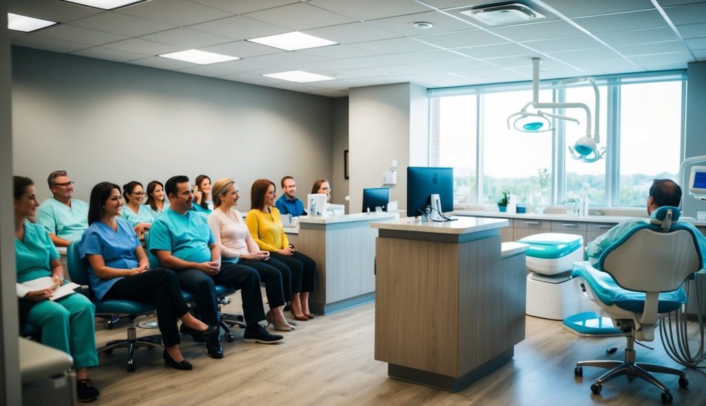 A dental office with a waiting room filled with patients, a reception desk with a computer, and a dentist's chair in the background