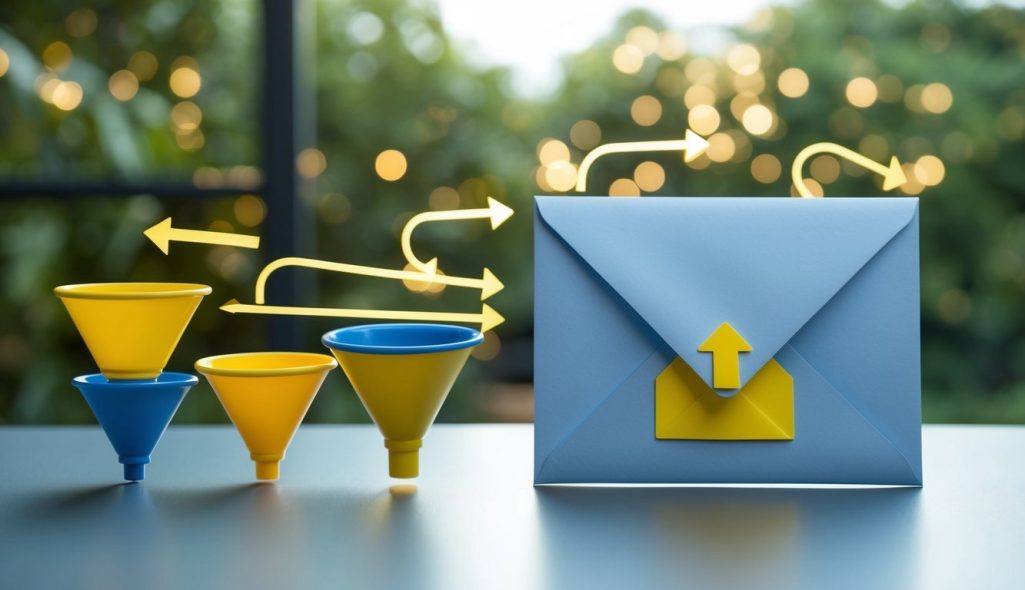 A series of interconnected funnels leading to an open email envelope, with multiple arrows representing the flow of information and communication