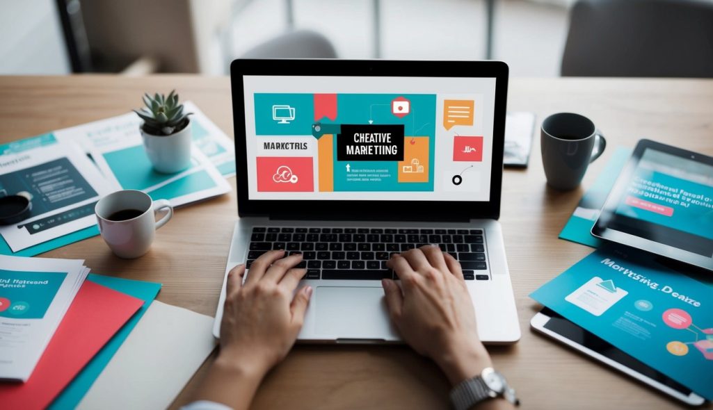 A laptop surrounded by various marketing materials, with a creative and organized workspace