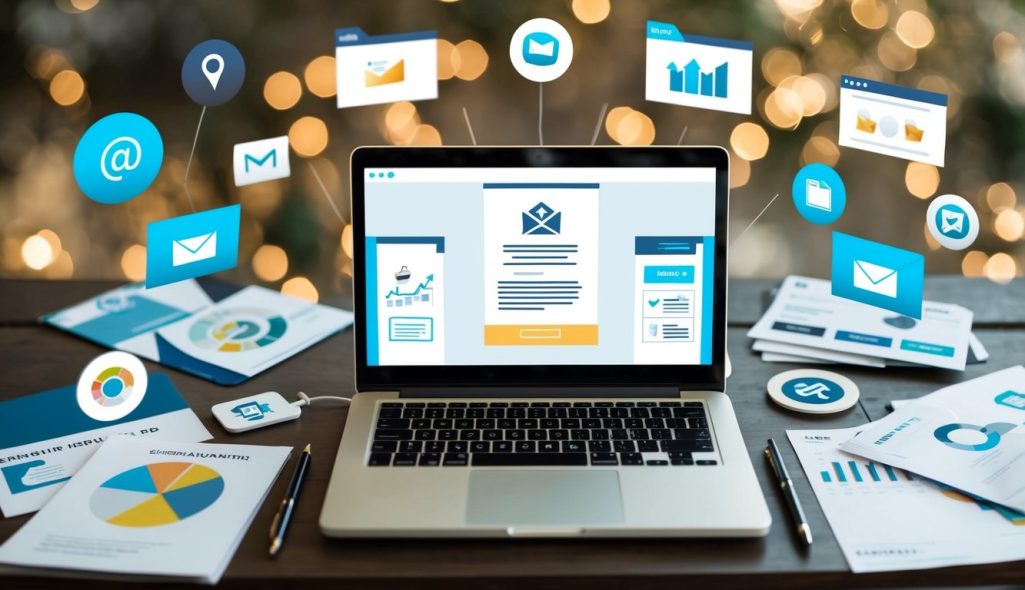 A laptop surrounded by various marketing materials and icons, with an email newsletter template on the screen