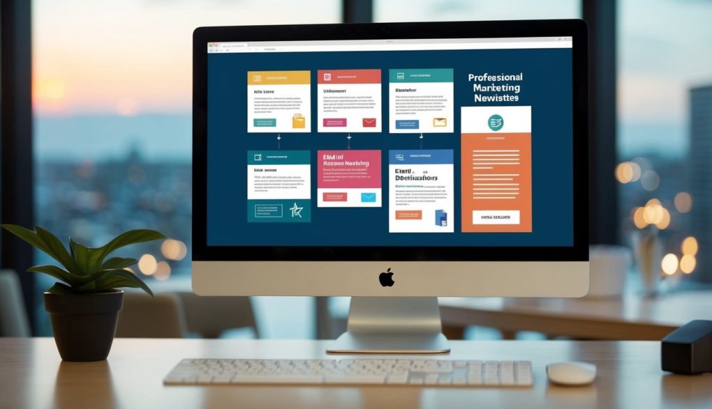 A computer screen displaying various email marketing newsletters