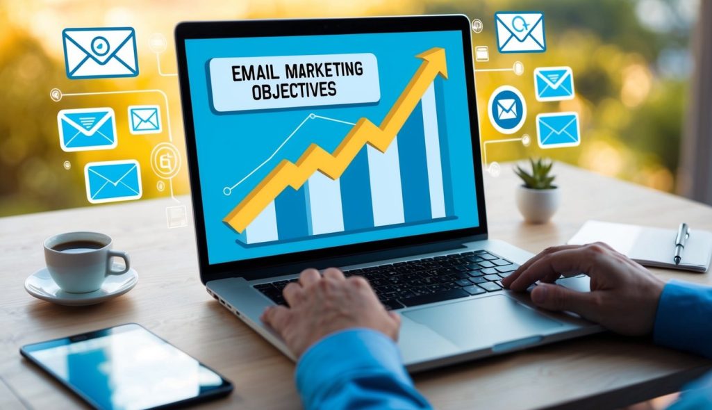 A laptop displaying a graph with an upward trend, surrounded by various icons representing different email marketing objectives