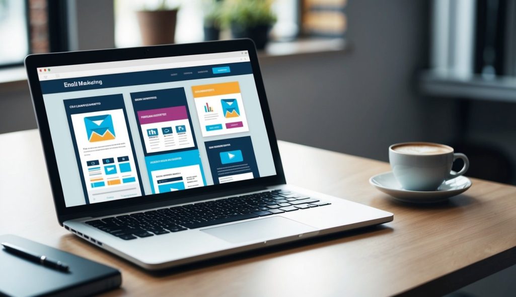 A laptop open on a desk, showing a variety of email marketing templates on the screen. A cup of coffee sits nearby