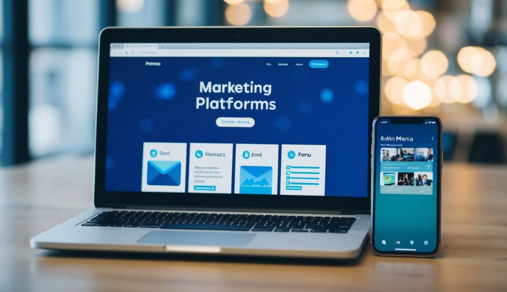 A laptop and smartphone sit side by side, each displaying a different marketing platform. The laptop shows an email marketing campaign, while the smartphone displays a social media feed