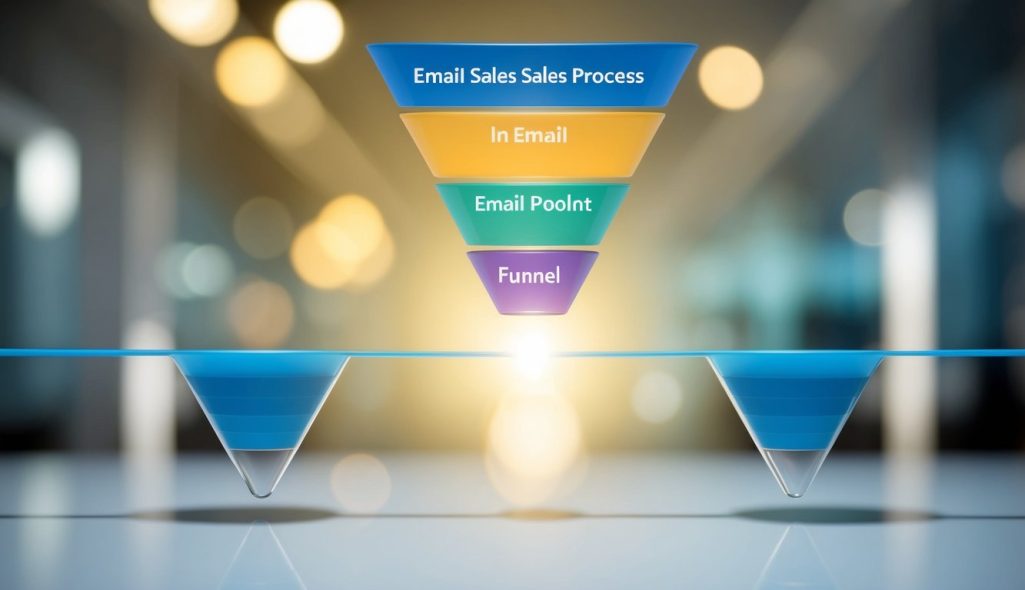 A series of interconnected funnels, each representing a stage in the email sales process, leading towards a central point