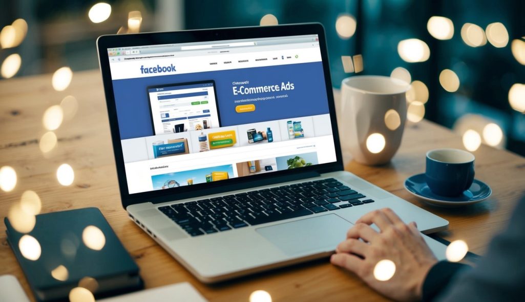 A laptop displaying an e-commerce website with Facebook Ads running on the screen, surrounded by various product images and a shopping cart icon