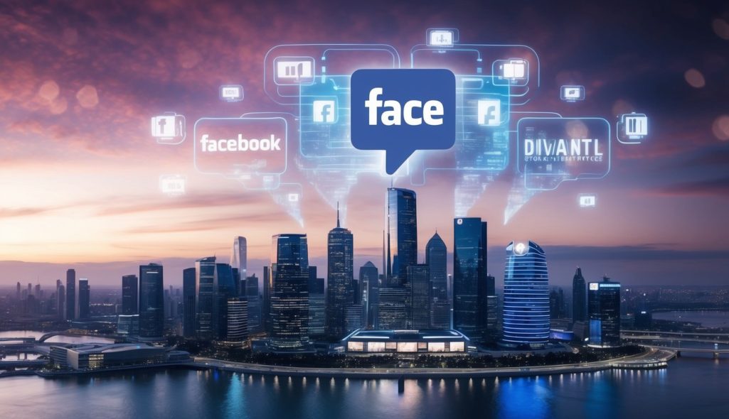 A futuristic city skyline with holographic Facebook logos projected in the sky, surrounded by advanced digital advertising displays