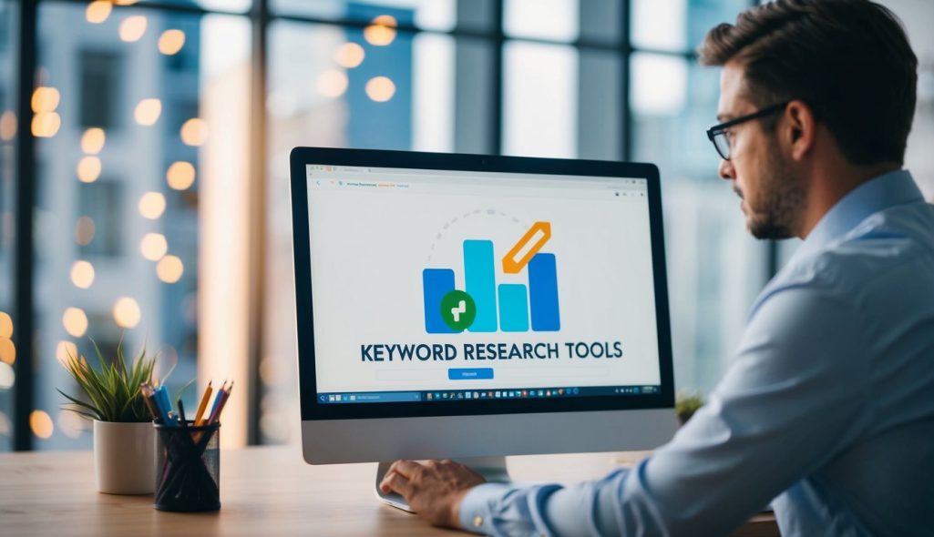 A person using a computer to search for keyword research tools