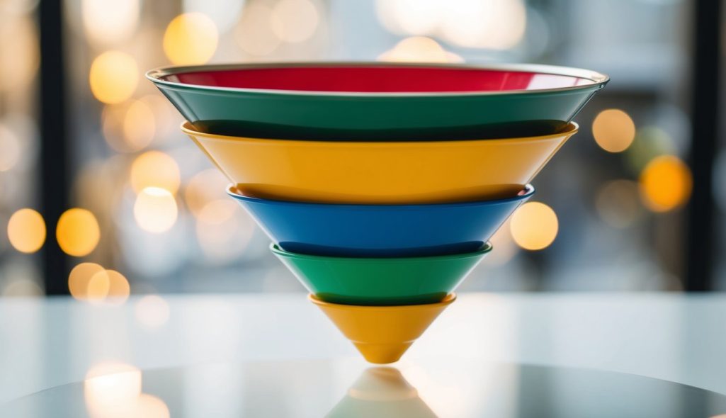 A series of interconnected funnels, starting wide at the top and narrowing down, representing the stages of a marketing funnel
