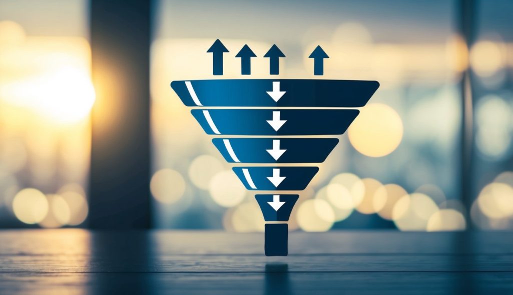 A funnel with multiple sections representing different stages of the sales process, with arrows flowing from top to bottom