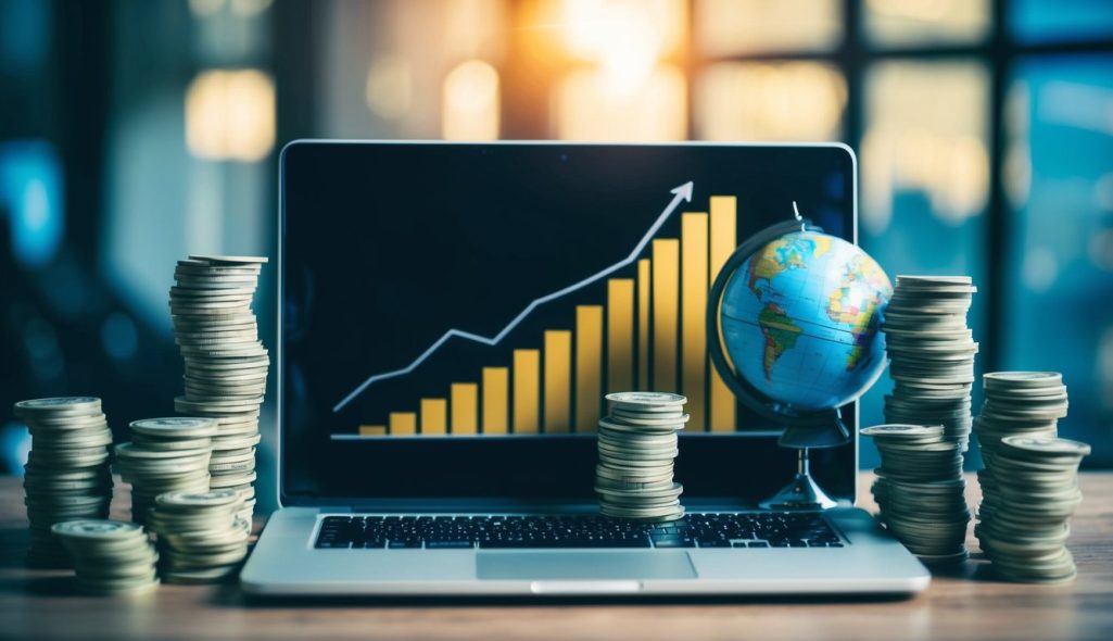 A laptop surrounded by stacks of money, a globe, and a chart showing a steep upward trend