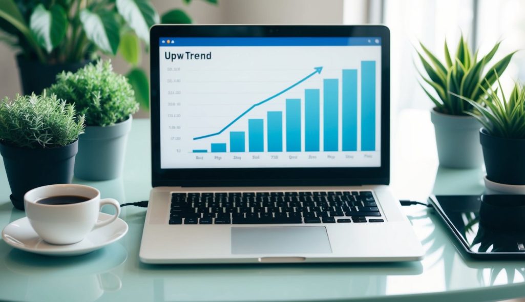 A laptop on a clean desk with a sleek design, surrounded by plants and a cup of coffee, with a graph showing an upward trend