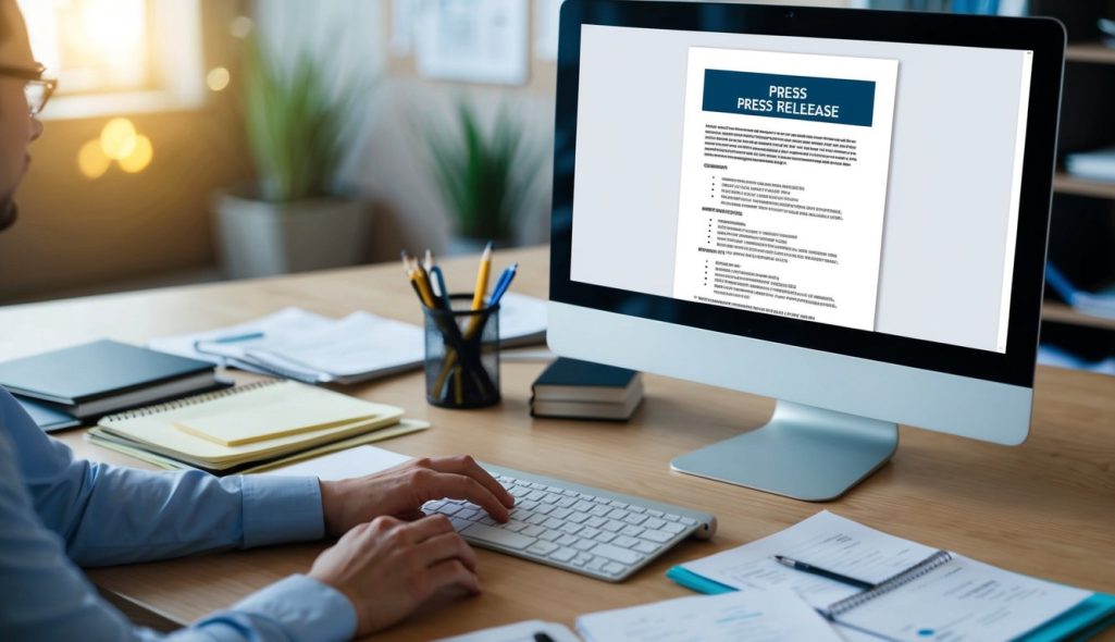 A person typing on a computer, surrounded by notes and research materials, with a press release template open on the screen