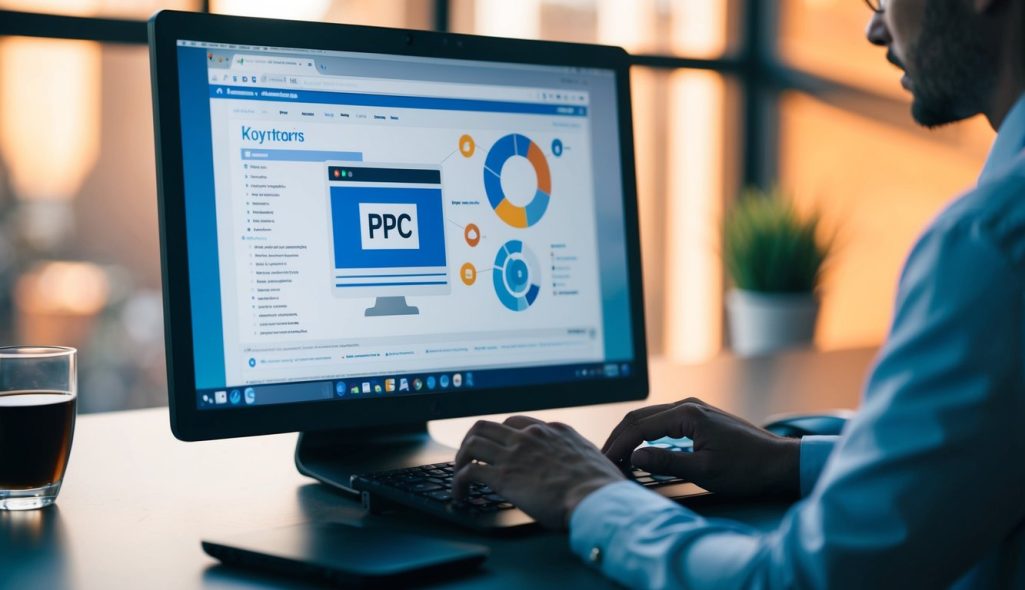 A person using a computer to research keywords for PPC advertising