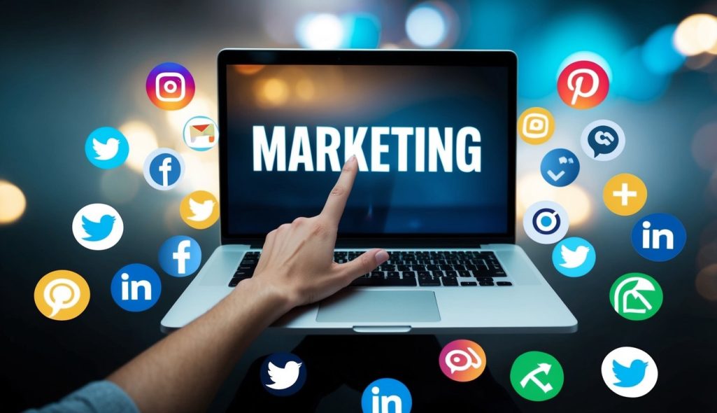 A laptop surrounded by social media icons, with a person's hand reaching out to click on a "marketing" button