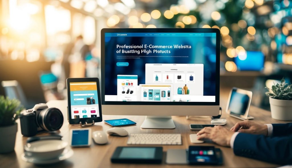 A bustling e-commerce website with a variety of products, seamless navigation, and secure payment options