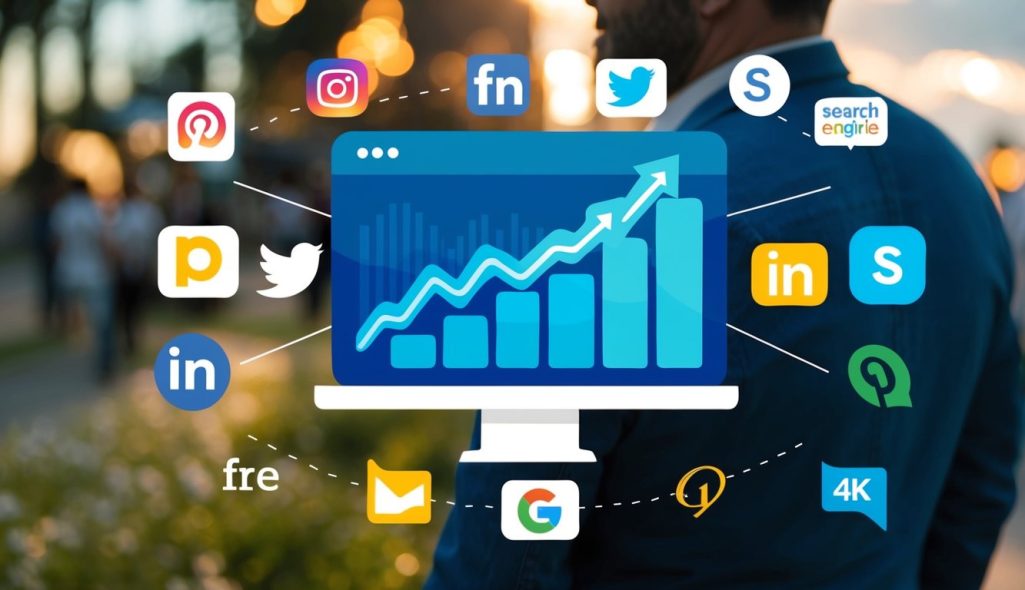 A vibrant website with a steady flow of visitors, represented by a graph trending upwards. Various social media icons and search engine logos surround the website, indicating free traffic sources