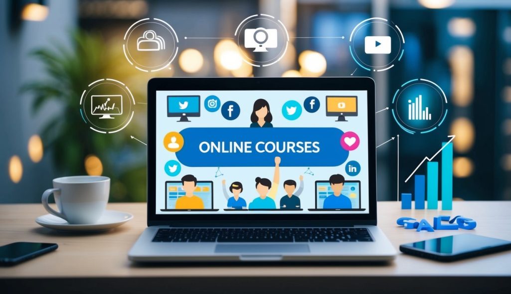 A laptop with a variety of online courses displayed on the screen, surrounded by icons of social media platforms and a graph showing increasing sales