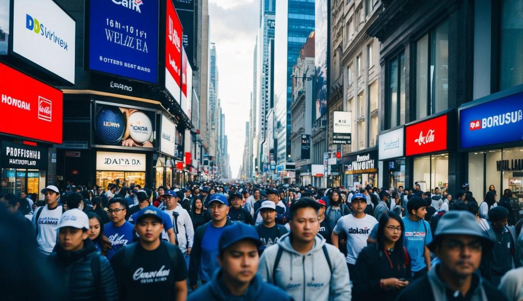 A crowded city street with billboards, storefronts, and people wearing various branded clothing