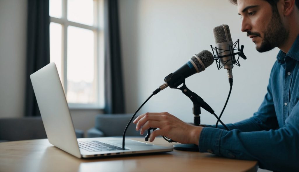 A person setting up a microphone and laptop in a quiet room