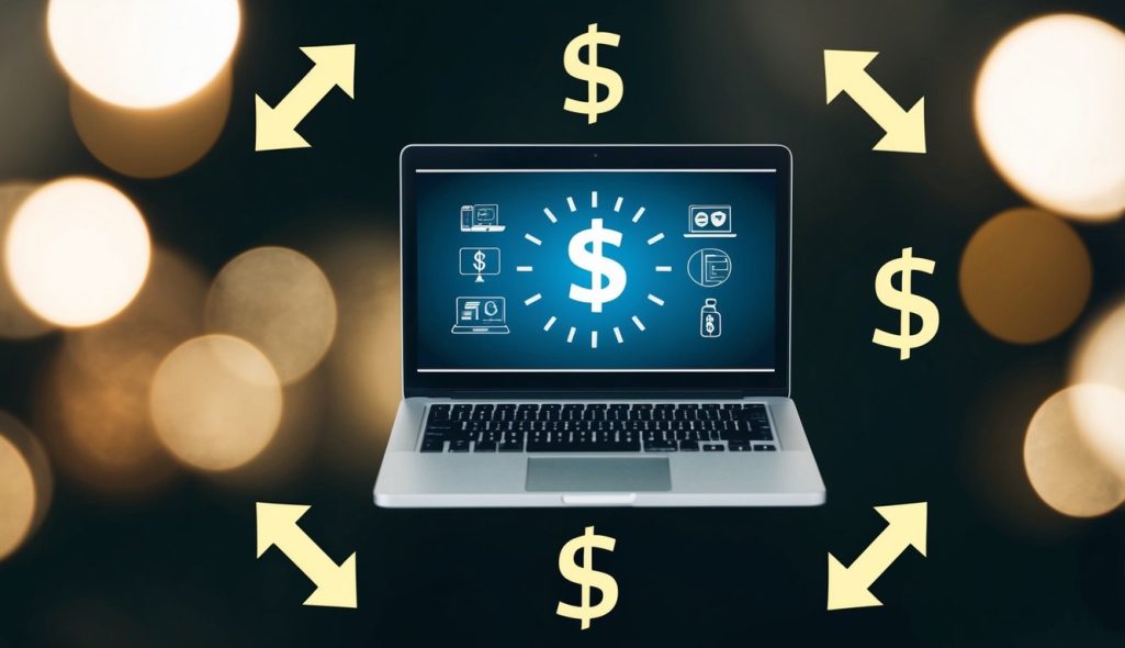 A laptop with various product icons and a dollar sign, surrounded by arrows pointing towards it