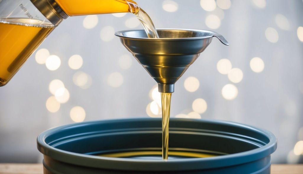 A funnel positioned over a container, with a steady stream of liquid being poured into the funnel from a separate vessel