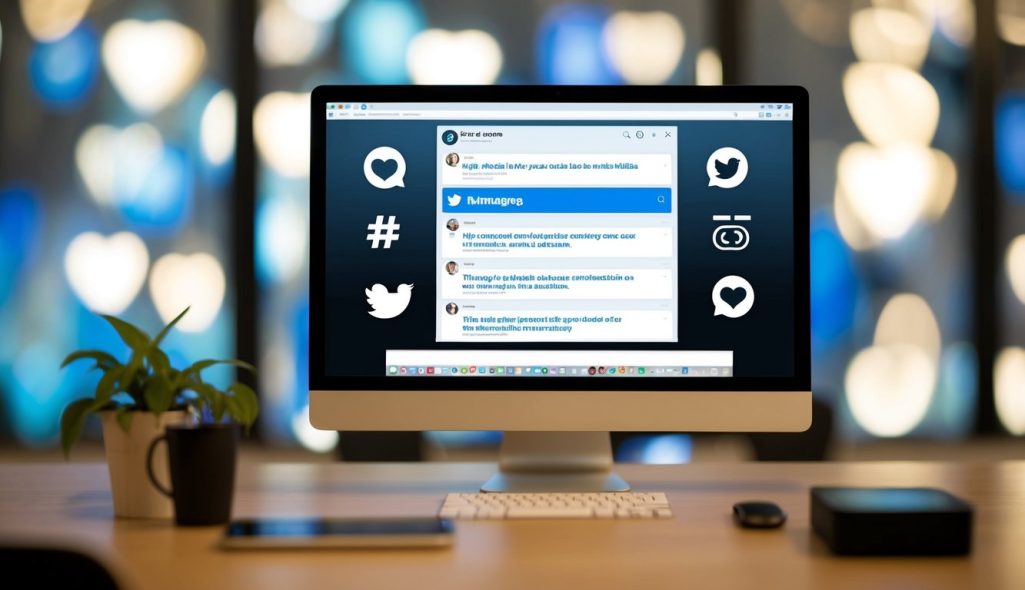A computer screen displaying a social media platform with a series of hashtags related to a product or service, surrounded by icons representing likes and shares