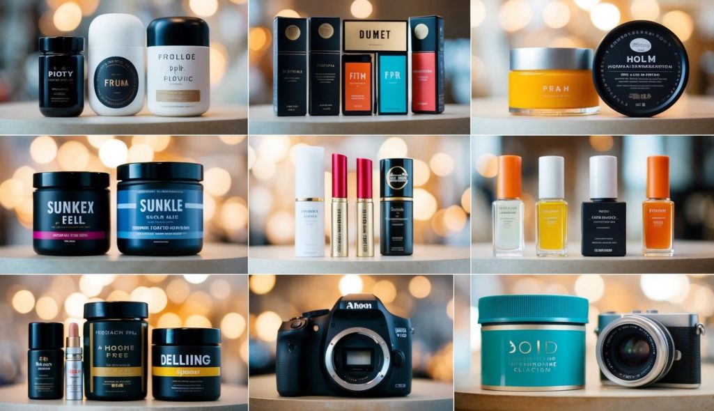 A diverse group of products with bold, attention-grabbing visuals and clear, concise messaging