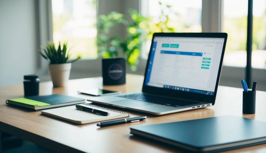 A desk with a laptop, notebook, and pen. Various products laid out for reference. Bright, natural light streaming in from a nearby window