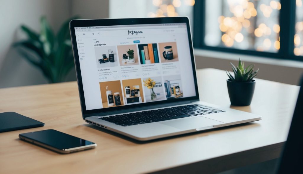 A laptop and smartphone sit on a desk, displaying an online store's Instagram page with product images and engaging captions