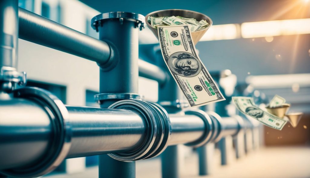 A series of interconnected pipes and funnels, with money flowing rapidly through them