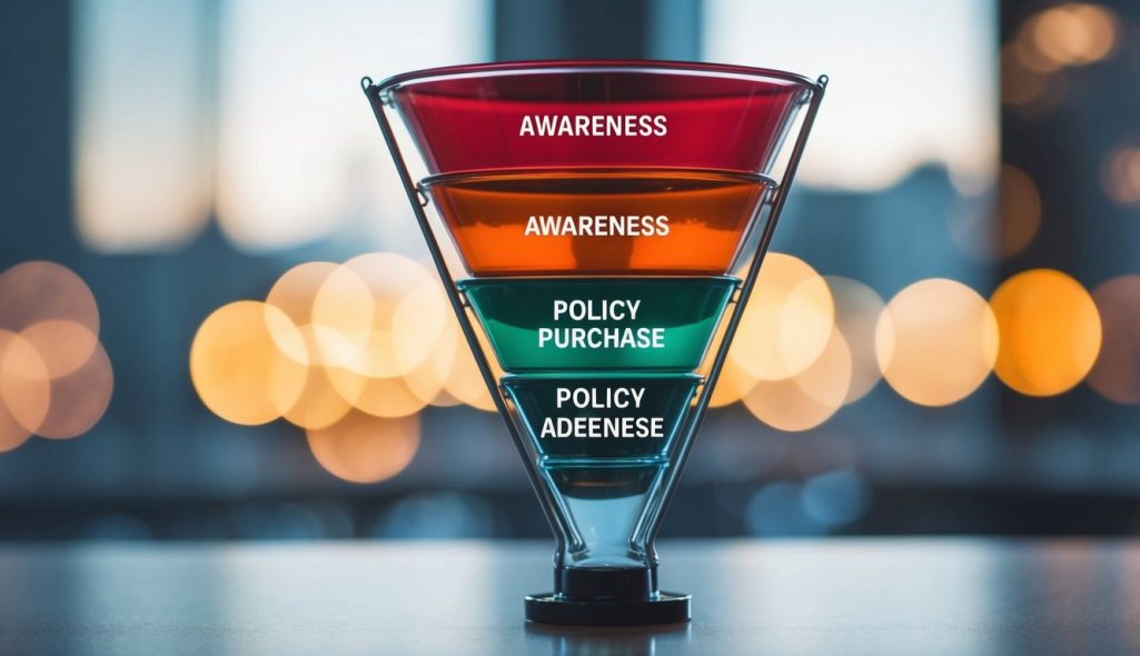 A funnel with multiple stages, starting with awareness and ending with policy purchase