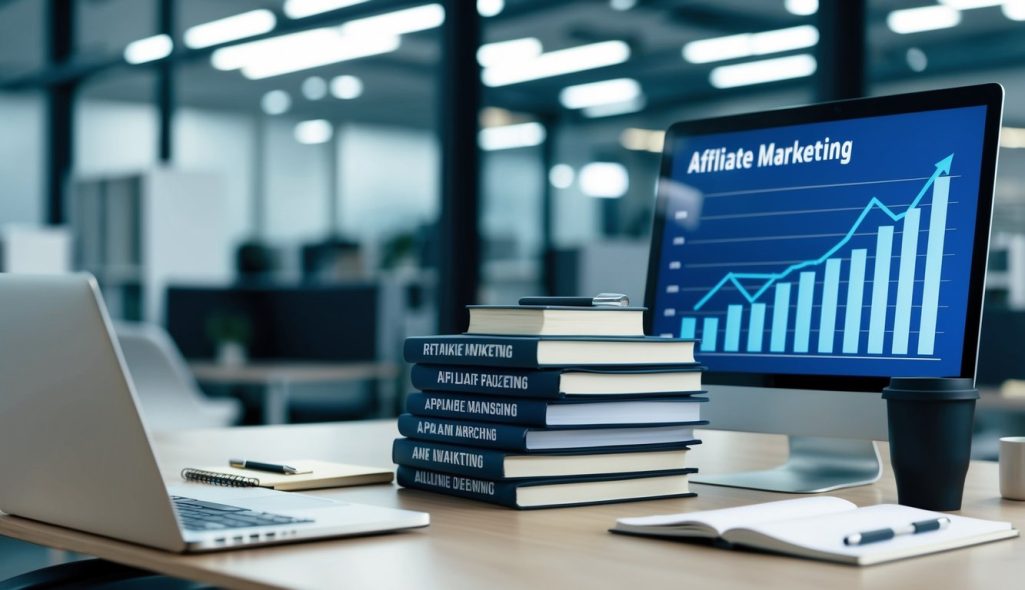 A sleek, modern office desk with a laptop, notepad, and pen. A stack of books on affiliate marketing. A chart showing rising profits