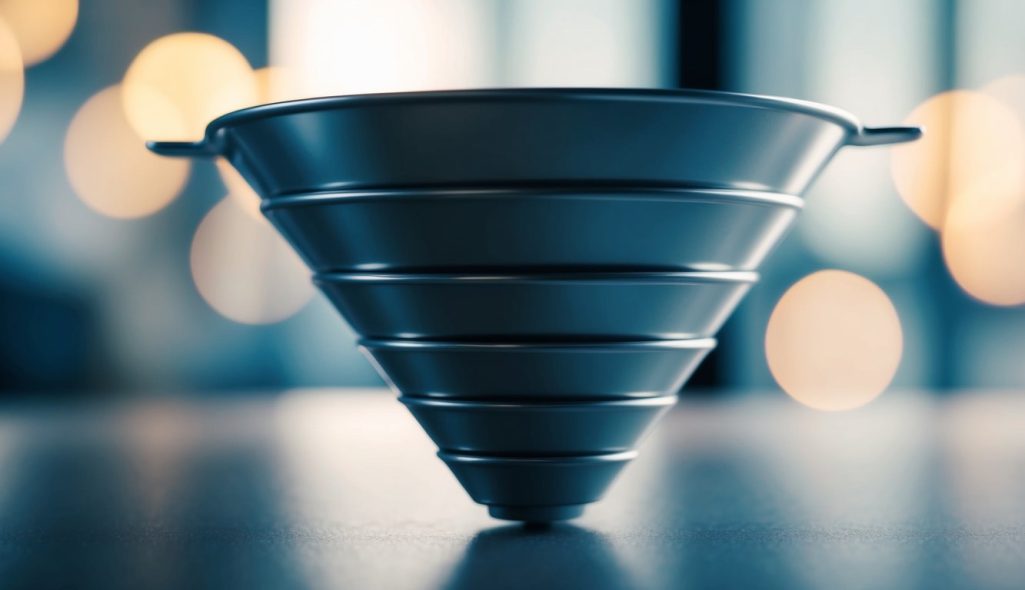 A funnel with multiple layers, starting wide at the top and narrowing down, representing the stages of a lead generation process