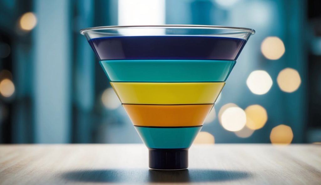 A funnel with various stages, starting wide at the top and narrowing down at the bottom, representing the lead generation process