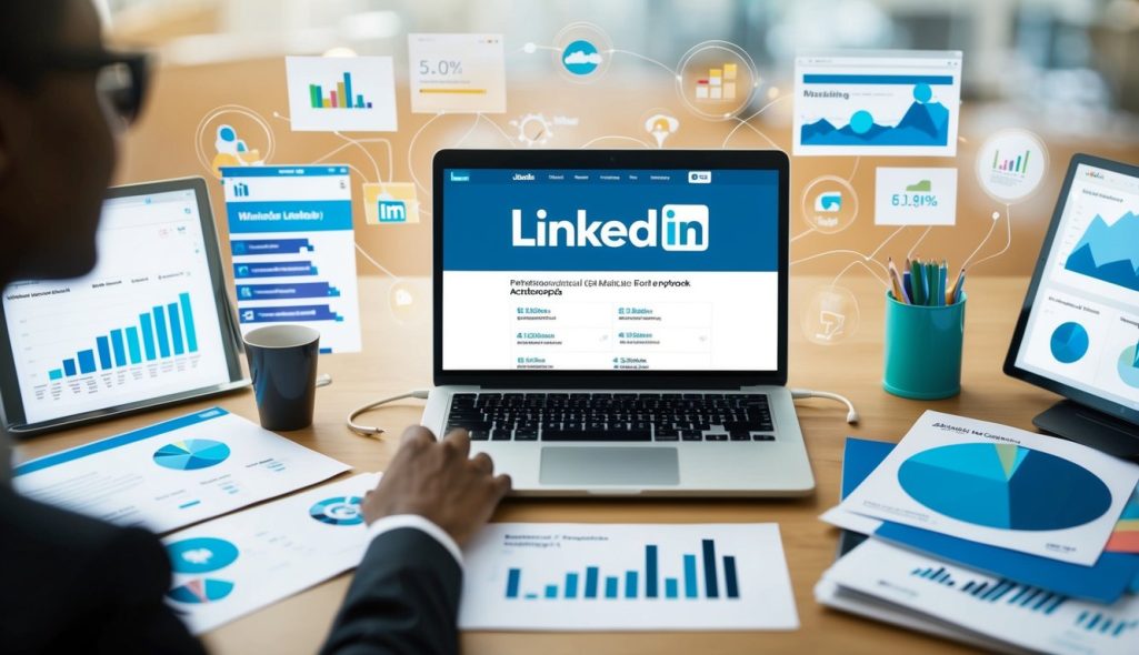 A laptop with the LinkedIn website open, surrounded by various marketing materials and analytics charts