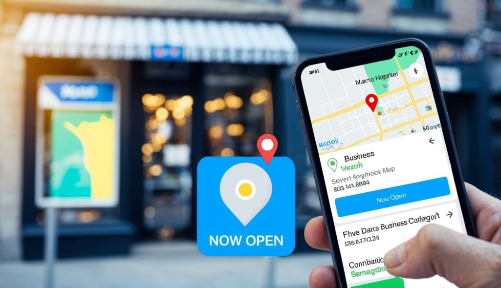A map with location pins, a storefront with a "Now Open" sign, and a smartphone displaying a search result for a nearby business
