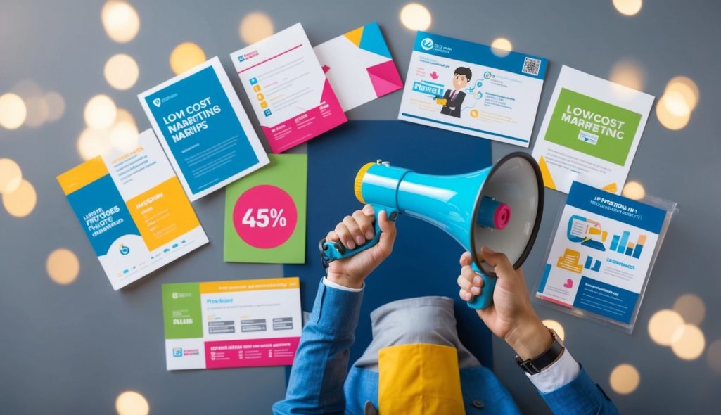A person holding a megaphone surrounded by various low-cost marketing materials such as flyers, posters, and business cards