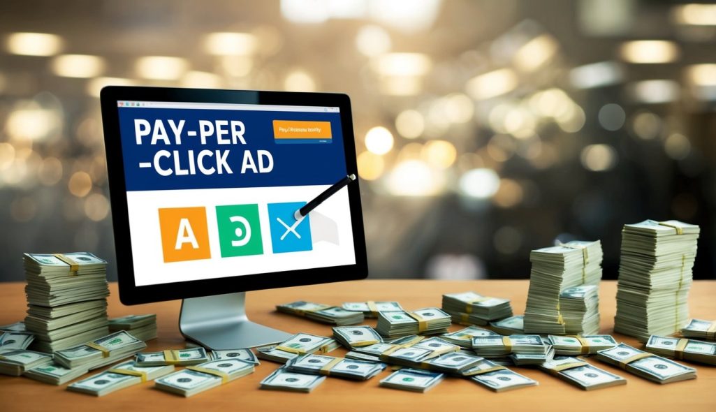 A computer screen displaying a pay-per-click ad with a cursor clicking on it, surrounded by stacks of money