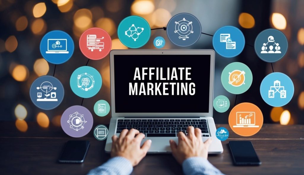 A laptop surrounded by various icons representing different affiliate marketing platforms and strategies